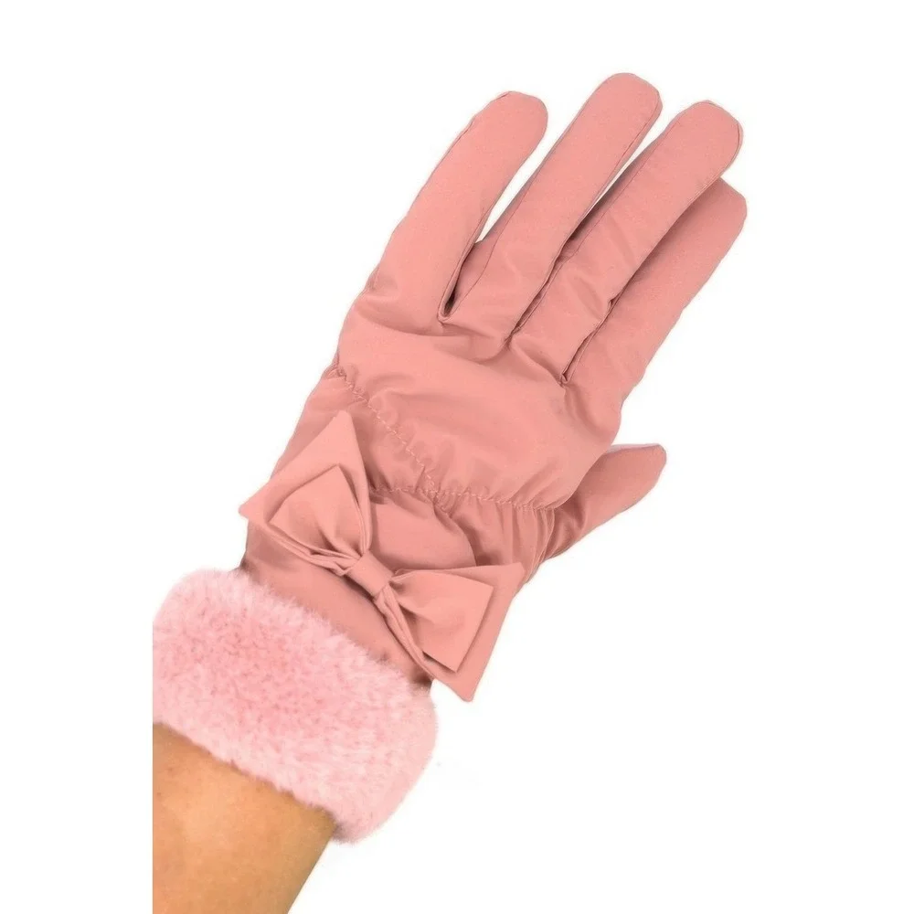 Pink Bow Faux Fur Trim Gloves Winter